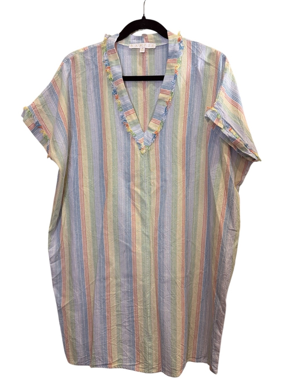 Karlie Linen Cotton Linen Blend Multi-Stripe Eyelash Trim V-Neck Tunic Dress